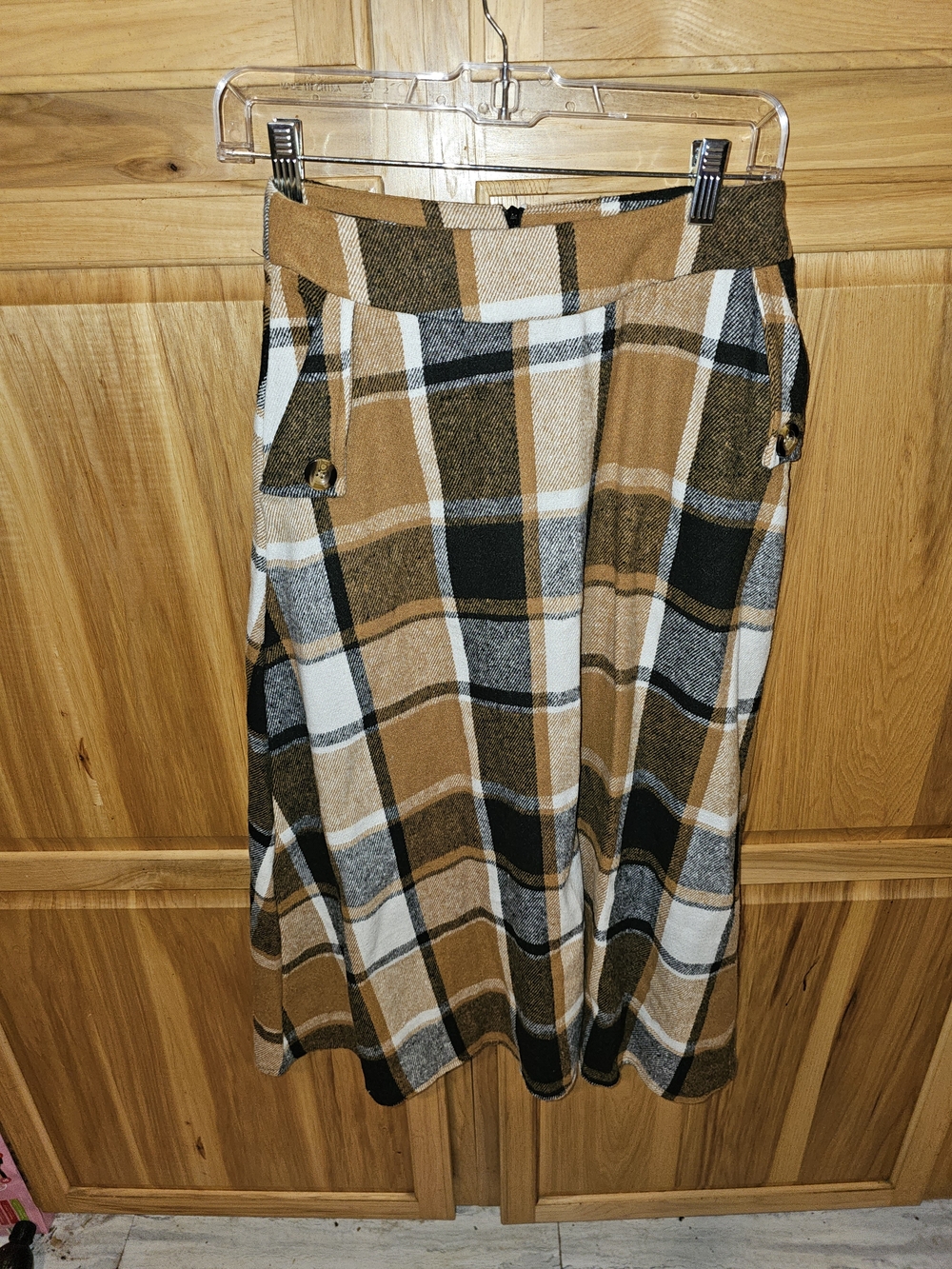 SHEIN Camel Black White Plaid A-Line Midi Skirt